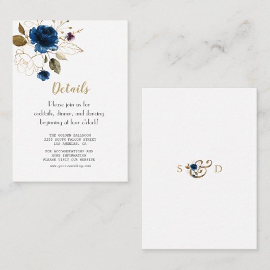 Whimsical Blue Gold Blume Hochzeitdetails Begleitkarte (Vorne/Hinten)