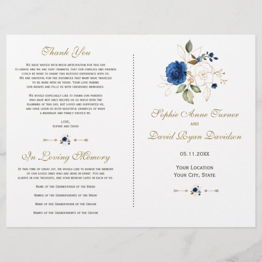 Whimsical Blue Gold Blume Hochzeitsprogramm (Vorderseite)