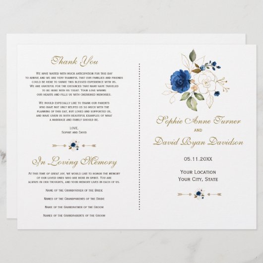 Whimsical Blue Gold Blume Hochzeitsprogramm (Vorne/Hinten)