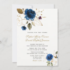 Whimsical Blue Gold Blume Monogram Wedding Einladung