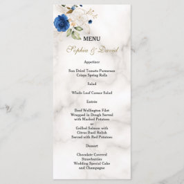 Whimsical Blue Gold Blume Monogram Wedding Menükarte