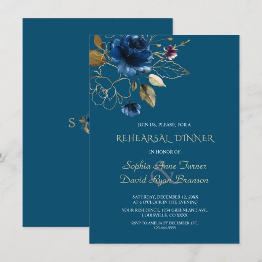 Whimsical Blue Gold Blume Probe Dinner Einladung (Vorne/Hinten)