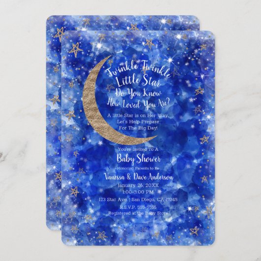 Whimsical Blue Gold Bronze Moon Stars Baby Dusche Einladung (Vorne/Hinten)