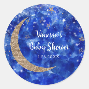 Whimsical Blue Gold Bronze Moon Stars Baby Dusche Runder Aufkleber