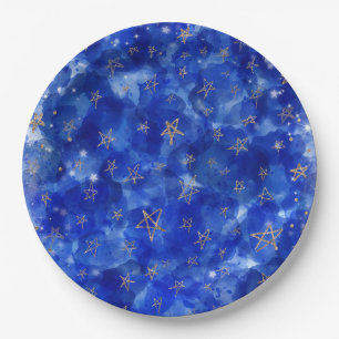 Whimsical Blue Gold Bronze Moon Stars Babydusche Pappteller