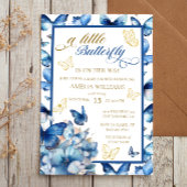 Whimsical Blue Gold Butterfly Girl Baby Dusche Einladung