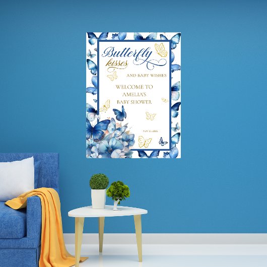 Whimsical Blue Gold Butterfly Kisses Baby Dusche Poster