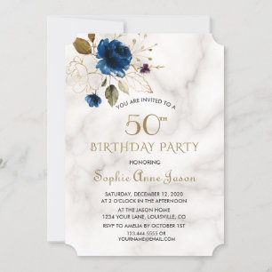 Whimsical Blue Gold Floral 50. Geburtstag Einladung
