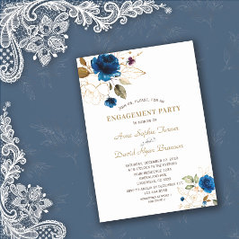 Whimsical Blue Gold Floral Monogram Verlobung Einladung