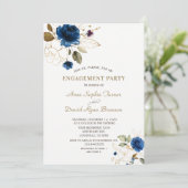 Whimsical Blue Gold Floral Monogram Verlobung Einladung (Stehend Vorderseite)