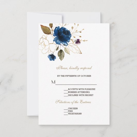 Whimsical Blue Gold Floral Wedding RSVP Karte (Vorderseite)
