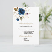 Whimsical Blue Gold Floral Wedding RSVP Karte (Stehend Vorderseite)