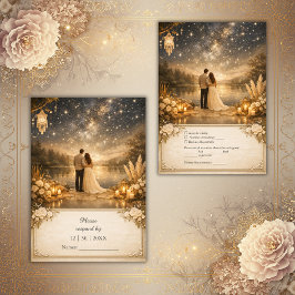 Whimsical Blue Gold Starry Night outdoor wedding RSVP Karte