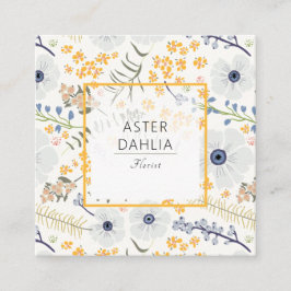 Whimsical Blue Gray Yellow Flowers Quadratische Visitenkarte