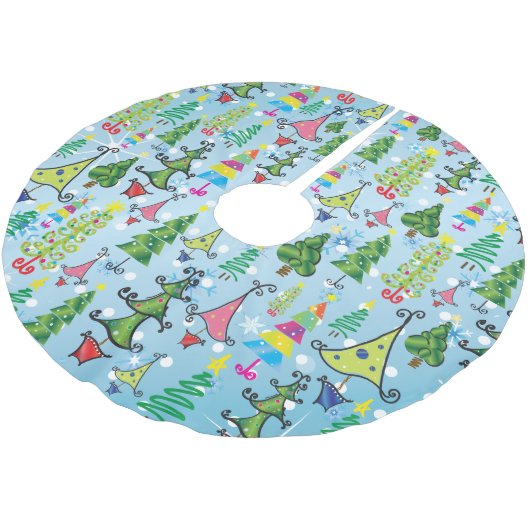 Whimsical Blue Green Snowflakes Weihnachtsbäume Polyester Weihnachtsbaumdecke (Schrägansicht)