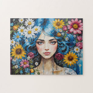 Whimsical Blue Hair Girl mit Blume Paint Tropfens Puzzle