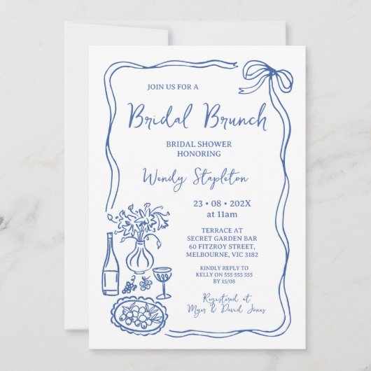 Whimsical Blue Hand Drawing Brunch Brautparty Einladung (Vorderseite)