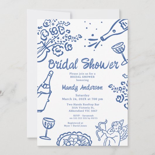 Whimsical Blue Hand Drawing Cherub Brautparty Einladung (Vorderseite)