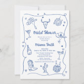 Whimsical Blue Hand Drawing Cowgirl Brautparty Einladung (Vorderseite)