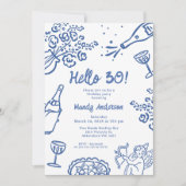 Whimsical Blue Hand Drawn 30. Geburtstag Party Einladung (Vorderseite)