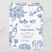 Whimsical Blue Hand Drawn 40. Geburtstag Party Einladung (Vorne/Hinten)