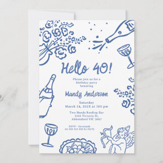 Whimsical Blue Hand Drawn 40. Geburtstag Party Einladung