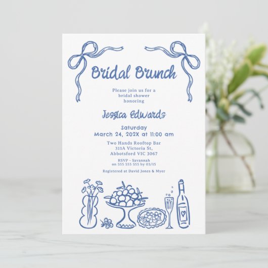 Whimsical Blue Hand Drawn Bridal Brunch Dusche Einladung (Stehend Vorderseite)