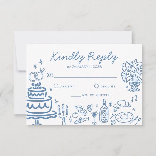 Whimsical Blue Hand Drawn Doodles Wedding Response RSVP Karte (Vorderseite)