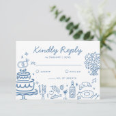 Whimsical Blue Hand Drawn Doodles Wedding Response RSVP Karte (Stehend Vorderseite)