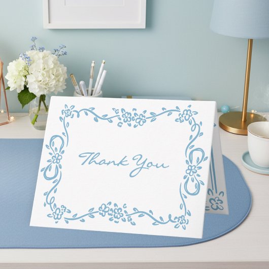 Whimsical Blue Hand Drawn Floral Stripe Wedding Dankeskarte