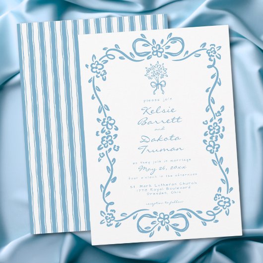 Whimsical Blue Hand Drawn Floral Stripe Wedding Einladung