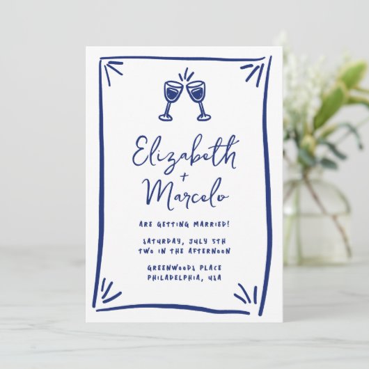 Whimsical Blue Hand Drawn Quirky Wedding Einladung (Stehend Vorderseite)