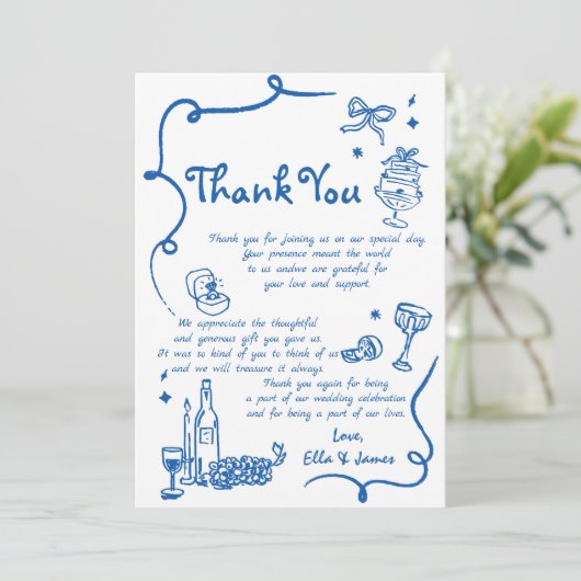 Whimsical Blue Hand Drawn Wedding Einladung (Stehend Vorderseite)