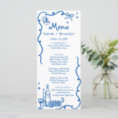 Whimsical Blue Hand Drawn Wedding Menükarte (Stehend Vorderseite)
