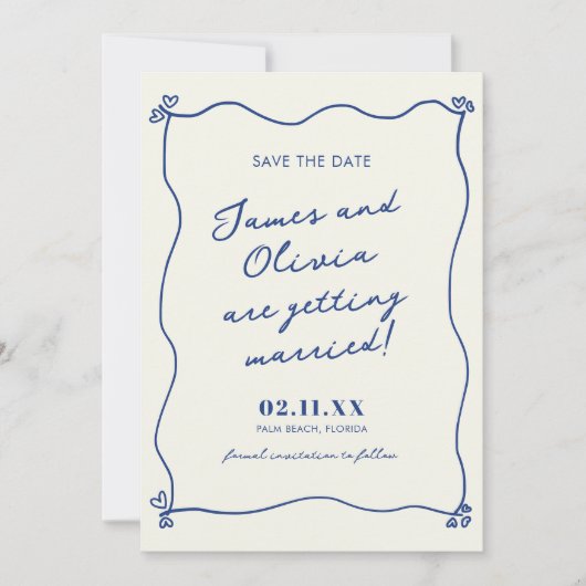 Whimsical Blue Hand Drawn Wedding Save The Date (Vorderseite)