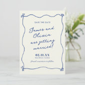 Whimsical Blue Hand Drawn Wedding Save The Date (Stehend Vorderseite)