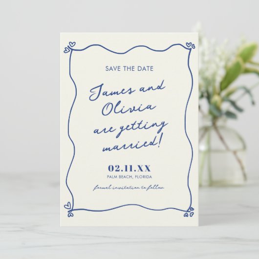 Whimsical Blue Hand Drawn Wedding Save The Date (Stehend Vorderseite)