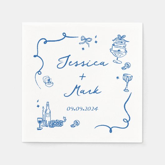 Whimsical Blue Hand Drawn Wedding Serviette (Vorderseite)