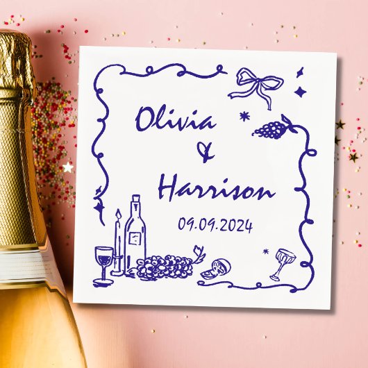 Whimsical Blue Hand Drawn Wedding Serviette