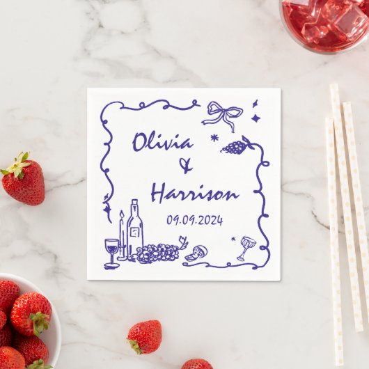 Whimsical Blue Hand Drawn Wedding Serviette (Beispiel)