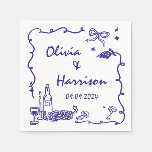 Whimsical Blue Hand Drawn Wedding Serviette (Vorderseite)