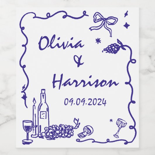 Whimsical Blue Hand Drawn Wedding Weinetikett (Einzelnes Label)