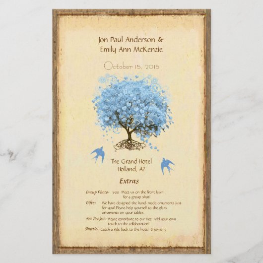 Whimsical Blue Heart Leaf Tree Hochzeitsprogramm (Vorderseite)