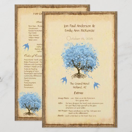 Whimsical Blue Heart Leaf Tree Hochzeitsprogramm (Vorne/Hinten)