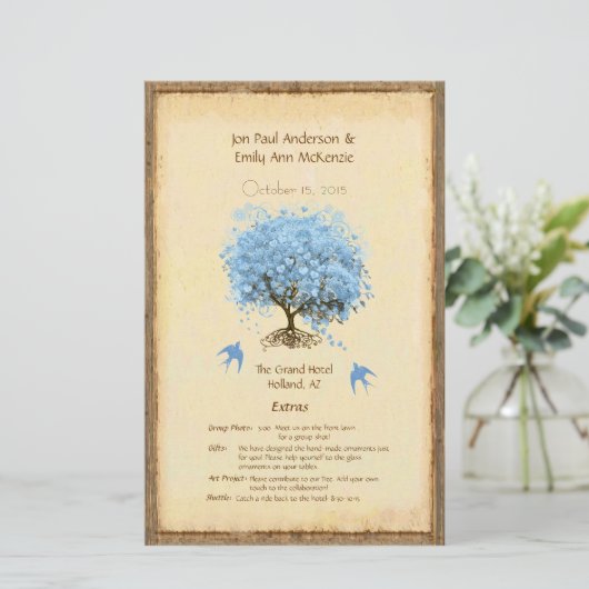 Whimsical Blue Heart Leaf Tree Hochzeitsprogramm (Stehend Vorderseite)