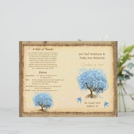 Whimsical Blue Heart Leaf Tree Hochzeitsprogramm (Stehend Vorderseite)