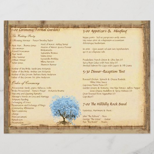 Whimsical Blue Heart Leaf Tree Hochzeitsprogramm (Rückseite)