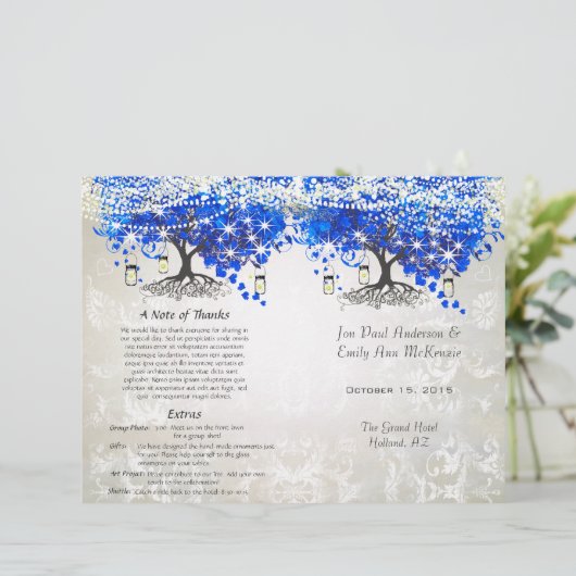 Whimsical Blue Heart Leaf Tree Hochzeitsprogramm (Stehend Vorderseite)