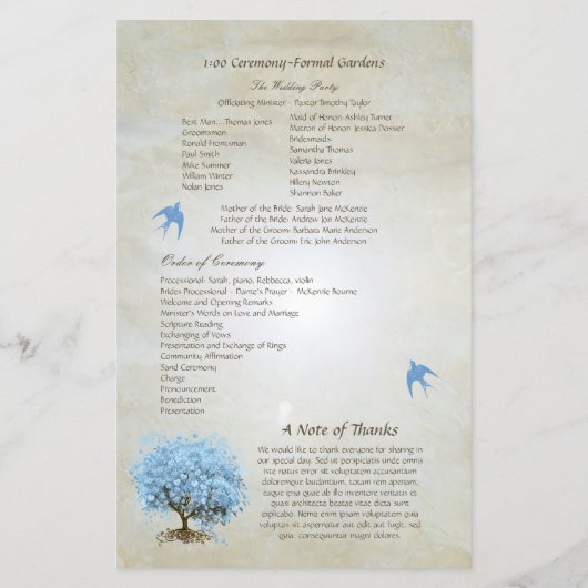 Whimsical Blue Heart Leaf Tree Hochzeitsprogramm (Rückseite)