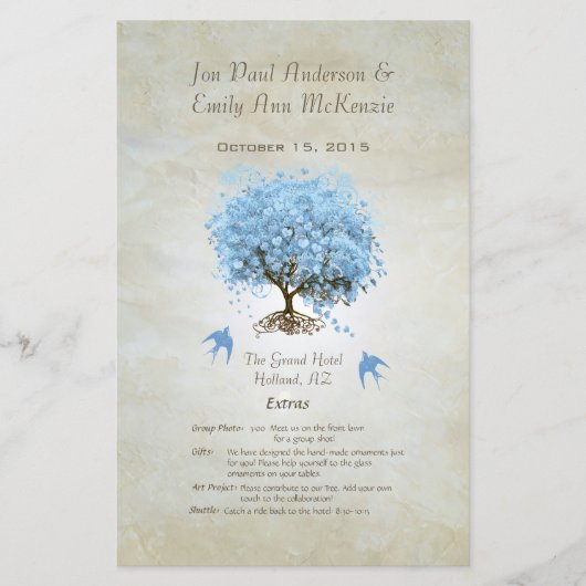 Whimsical Blue Heart Leaf Tree Hochzeitsprogramm (Vorderseite)